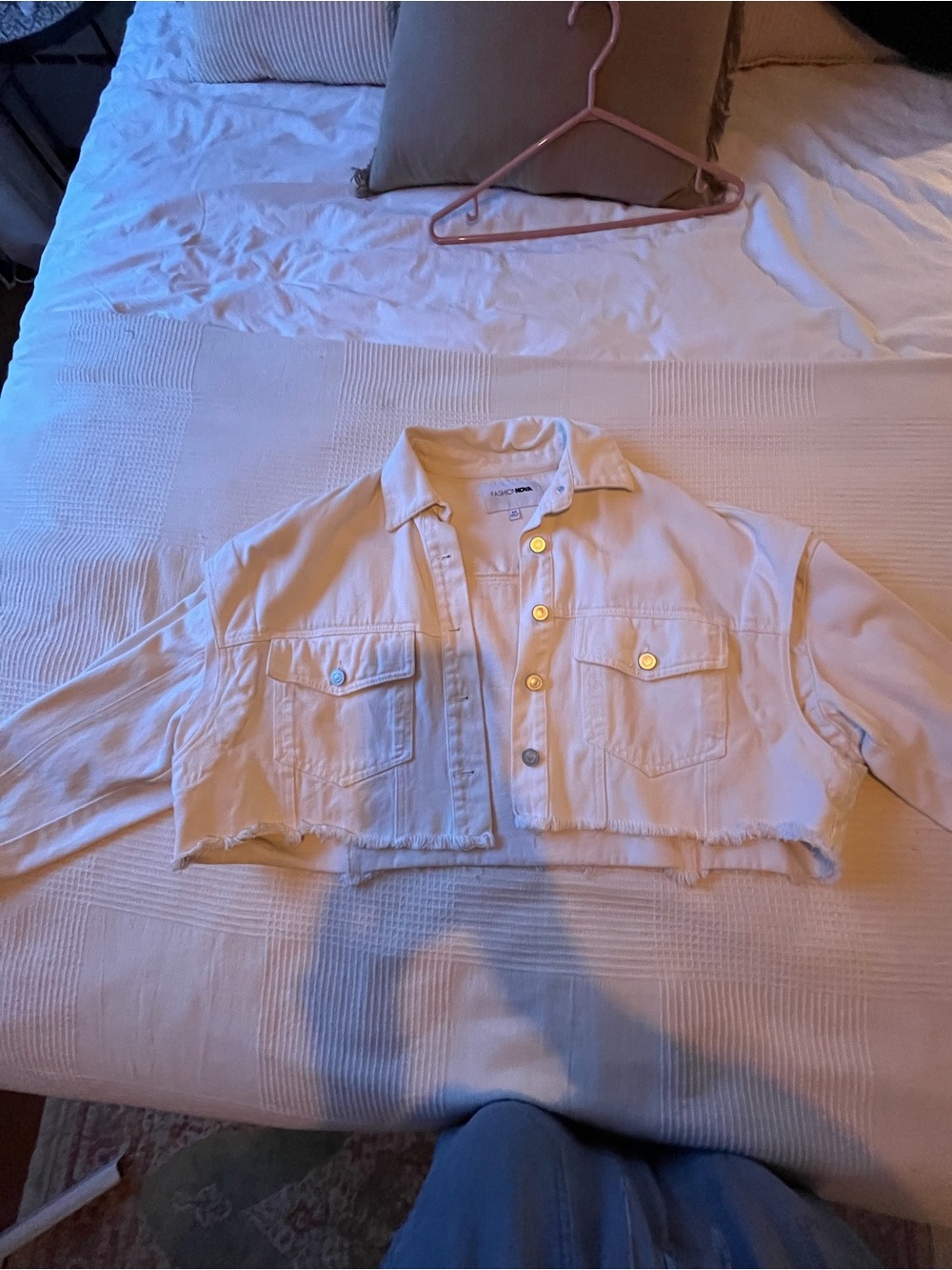 Fashion Nova White Cropped Denim Jacket with Raw Hem